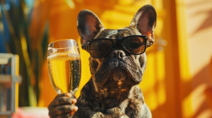 Obraz premium French bulldog wearing iridescent sunglasses and holding a glass of champagne. Celebrating or happy birthday concept..