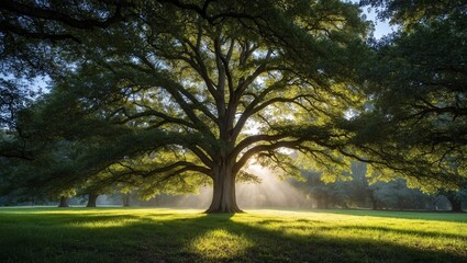 Fototapeta premium A large oak tree stands tall in a grassy field, with sunlight filtering through the leaves.