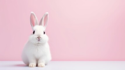 Obraz premium cute animal pet rabbit or bunny white color smiling and laughing isolated with copy space for easter background, rabbit, animal, pet, cute, fur, ear, mammal, background, celebration, generate by AI