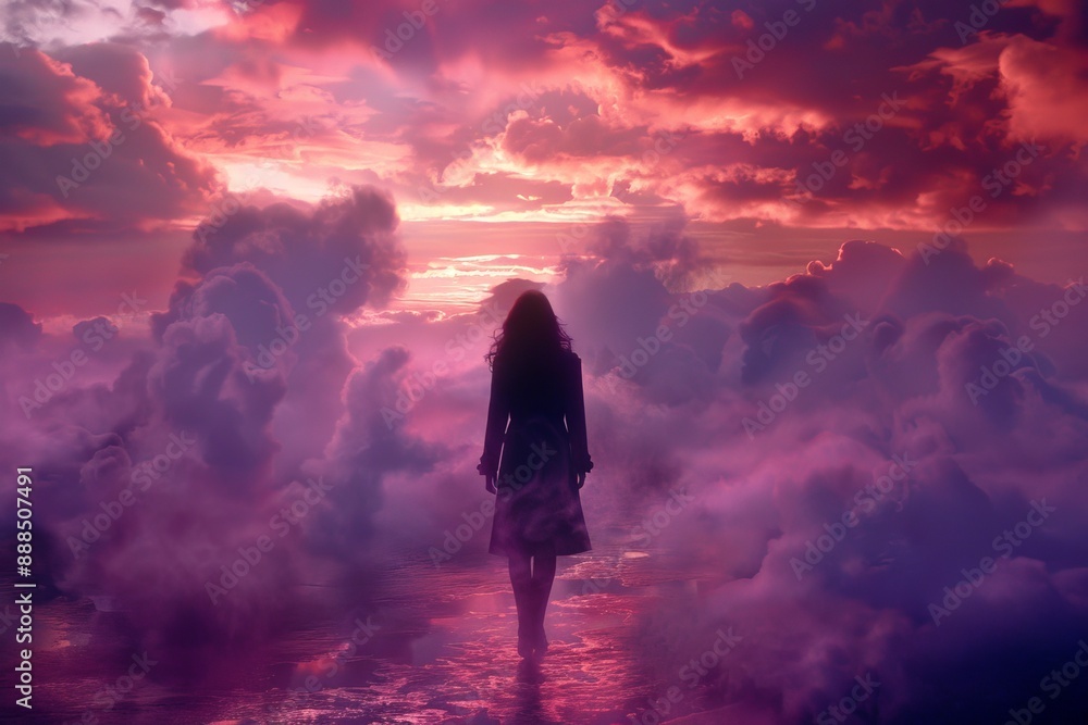 Poster surreal landscape with vibrant clouds and lone figure creating a dreamy and ethereal visual