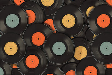 A colorful pattern of old records on a black background, generative ai image.