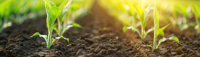 Close-up of young green seedlings growing in agricultural soil, illuminated by warm sunlight, signifying new life and growth in farming.