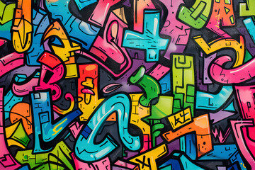 A colorful graffiti wall with a variety of letters and numbers, generative ai image.
