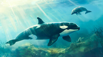Fototapeta premium Majestic killer whale orca swiftly chasing its seal prey through the vibrant blue green underwater seascape filled with rays of light and a sense of power and grace