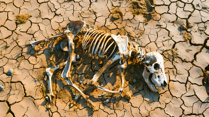Dried animal skeleton laying on cracked desolate earth surface symbolizing the devastating impacts of prolonged drought climate change and environmental crisis