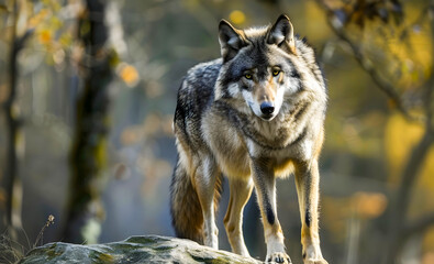 Obraz premium Powerful gray wolf standing alert in an atmospheric autumn forest scene