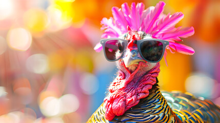 Vibrant and Playful Turkey Bird Character Dressed in Colorful Fashion and Sunglasses Posed Against a Random and Digital Background