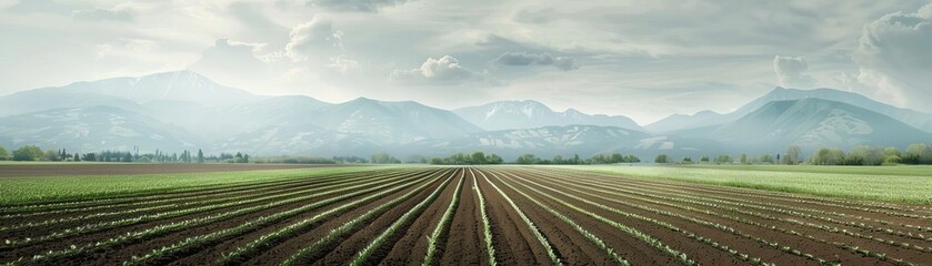 Expansive farmland with plowed fields under a cloudy sky, surrounded by distant mountains and verdant landscape.