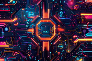 A colorful, neon-lit image of a computer chip, generative ai image.