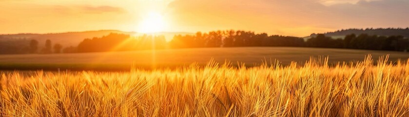 Fototapeta premium Golden wheat field at sunset with a serene and tranquil atmosphere, perfect for agricultural and nature-themed projects.