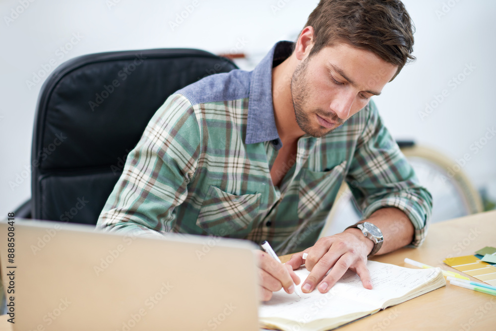 Aufkleber creative, office and man with book at desk for project research, planning and schedule information. 