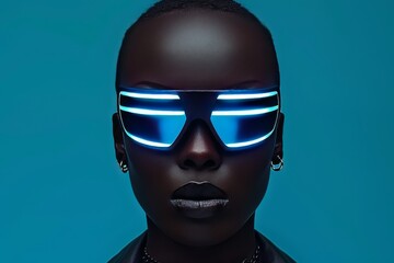 Vibrant portrait of woman with blue sunglasses and neon lighting creating a bold and futuristic visual