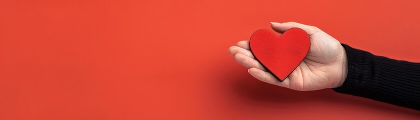 Fototapeta premium Hand holding a red heart on a vibrant red background, symbolizing love, care, and compassion.
