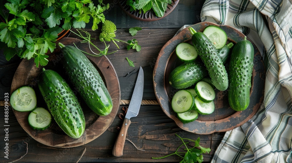 Poster cucumbers on rustic plates with knife towel and wooden table from above