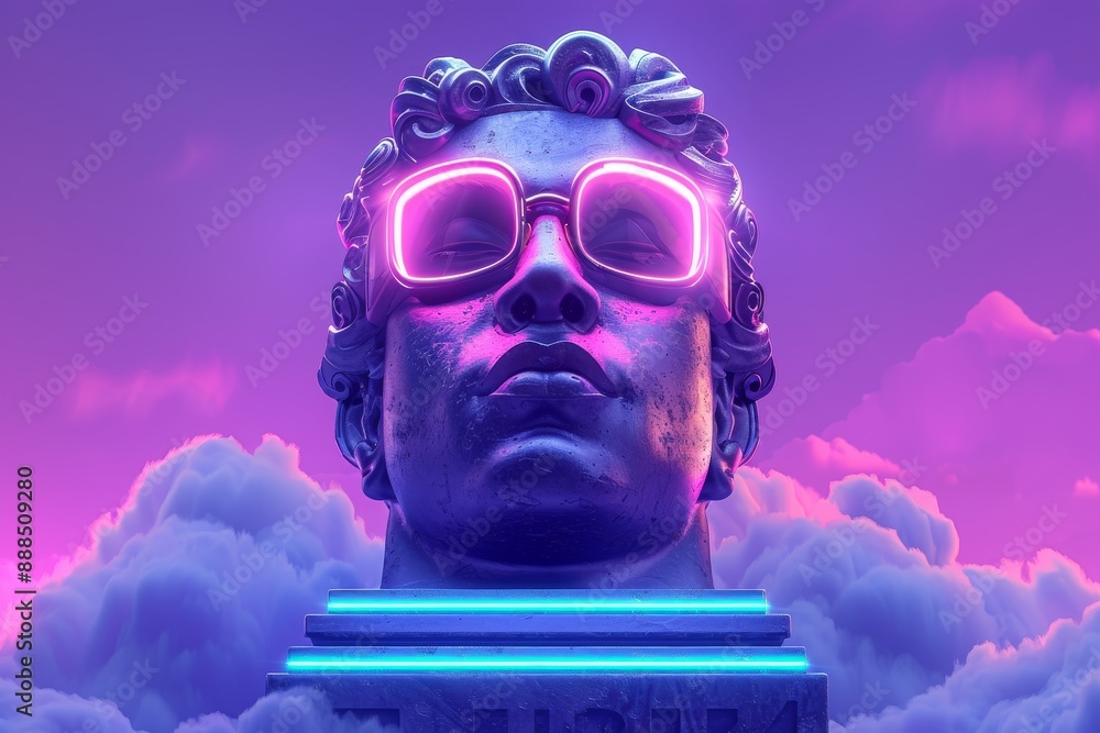 Poster surreal portrait of man with neon pink glasses creating a bold and imaginative visual in a dreamlike
