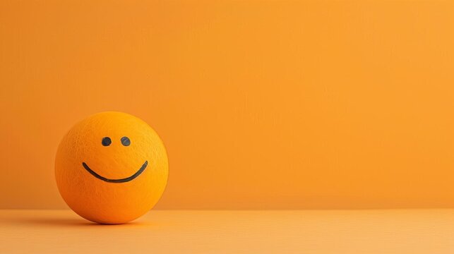 Orange smiley face ball with a happy expression on an orange background. Minimalist and cheerful design representing happiness and positivity.