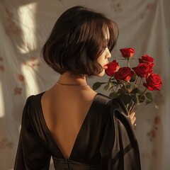A woman in a black dress with short hair and red roses