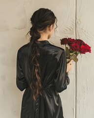 A woman in a black satin dress with long brown hair in a braid holds a bouquet of red roses.
