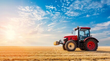 Fototapeta premium Red tractor working on a golden field under a blue sky with clouds. Agricultural machinery in a rural setting during sunset.