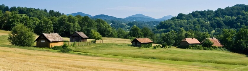Obraz premium Scenic countryside landscape with traditional wooden cottages, lush green fields, and forested hills under a clear blue sky.