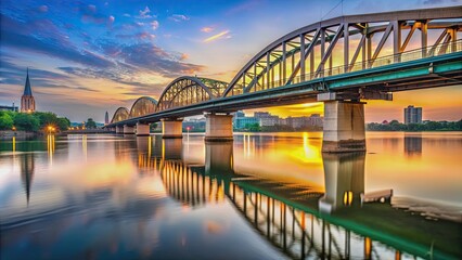 Obraz premium Morning view of Krung Thon Bridge in Thailand, Thailand, Krung Thon Bridge, bridge, morning, cityscape, river