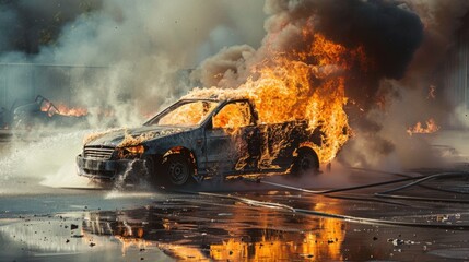 Emergency Response: Firefighter Spraying Water on Burning Car for Fire Suppression