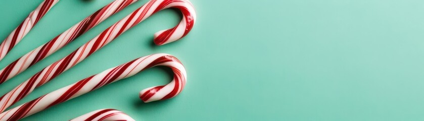 Fototapeta premium Festive candy canes with red and white stripes on a turquoise background. Perfect for Christmas and holiday-themed projects and designs.