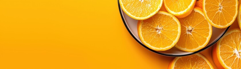 Fototapeta premium Freshly sliced oranges on a vibrant orange background, showcasing juicy and vibrant citrus fruit in a refreshing and colorful presentation.