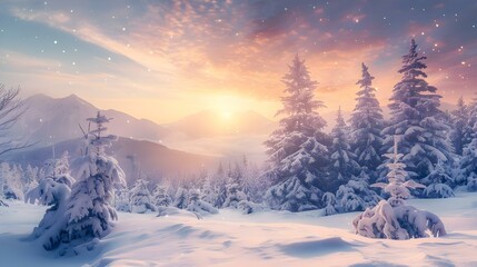 Panorama of winter nature landscape at sunrise