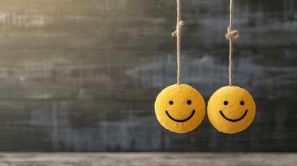 Two hanging smiley face balls on strings against a blurred grey background, representing happiness and positivity.