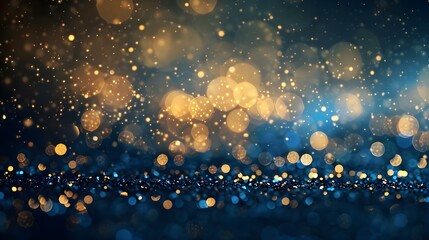 Abstract background with gold lights and blue glitter bokeh effect