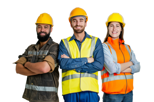 group of civil engineer stand together wearing their safety gear isolated on transparent background