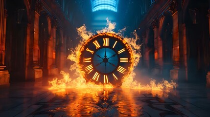 Melting and burning clock with glowing Roman numbers