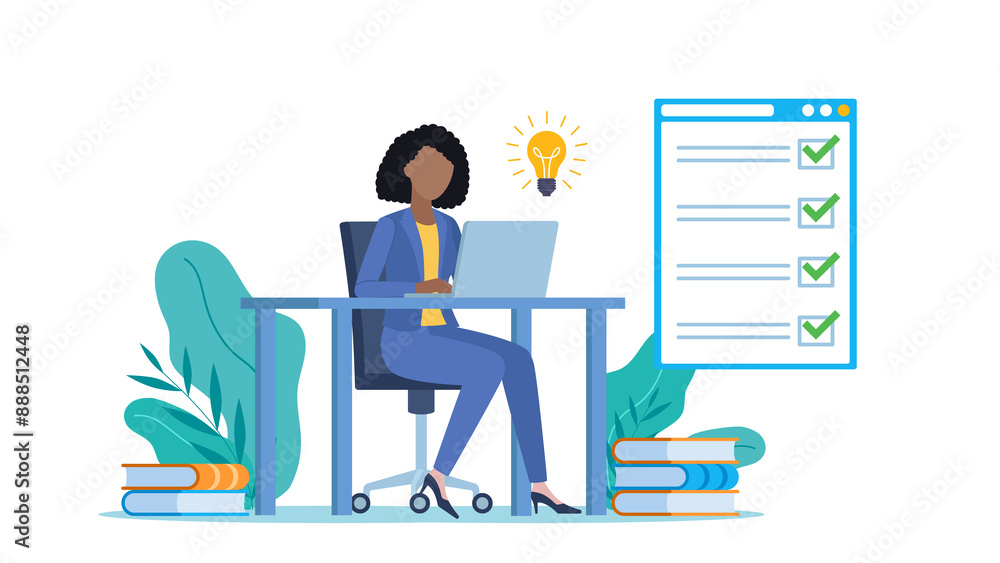 Aufkleber flat design illustration. an female employee writes on a laptop with a light bulb on it. a website a