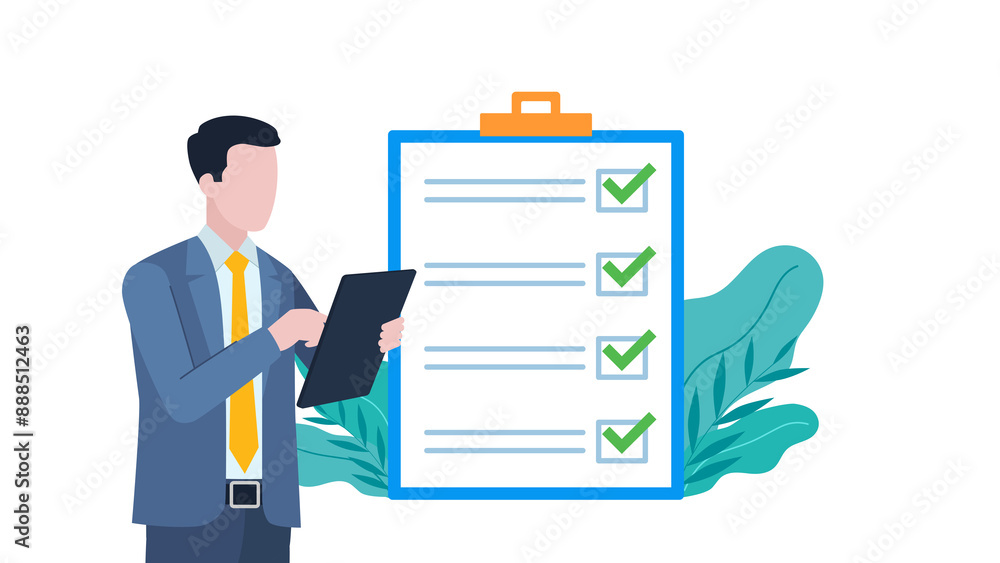 Poster businessman dressed in a suit holds a tablet in his hand. next to the drawing there is a completed s