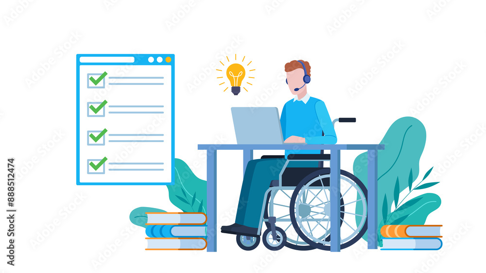Fototapete an employee in a wheelchair writes on a laptop with a light bulb in it. a website appears in the bac