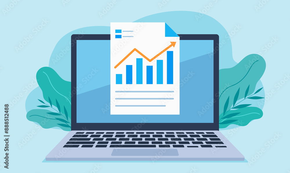 Fototapete flat design illustration. document graphics with line chart and data. the graph is ascending. there 