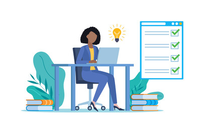 Flat design illustration. An female  employee writes on a laptop with a light bulb on it. A website appears in the background with a completed checklist. The checklist is completed correctly.