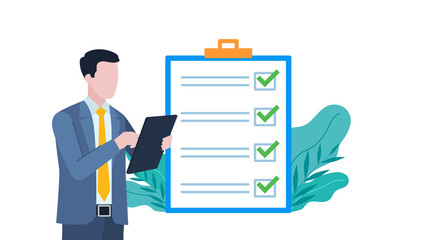 Businessman dressed in a suit holds a tablet in his hand. Next to the drawing there is a completed survey with questions. All checkboxes are correctly selected in green. Flat design illustration.
