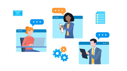 Flat design illustration.. Video chat in the company. The characters are located in the communicator frames. There are speech bubbles next to employees.