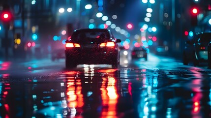 Car driving down wet city street at night