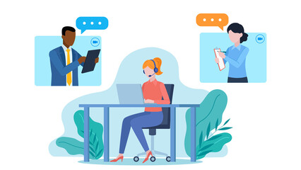 Flat design illustration. The employee is sitting at a desk, working on a laptop and conducting a video conference with colleagues. Two characters are in the application tiles.
