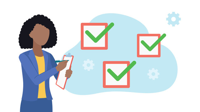 Woman at work taking notes in a notebook. Next to it there are filled checklist squares. Flat design illustration. 