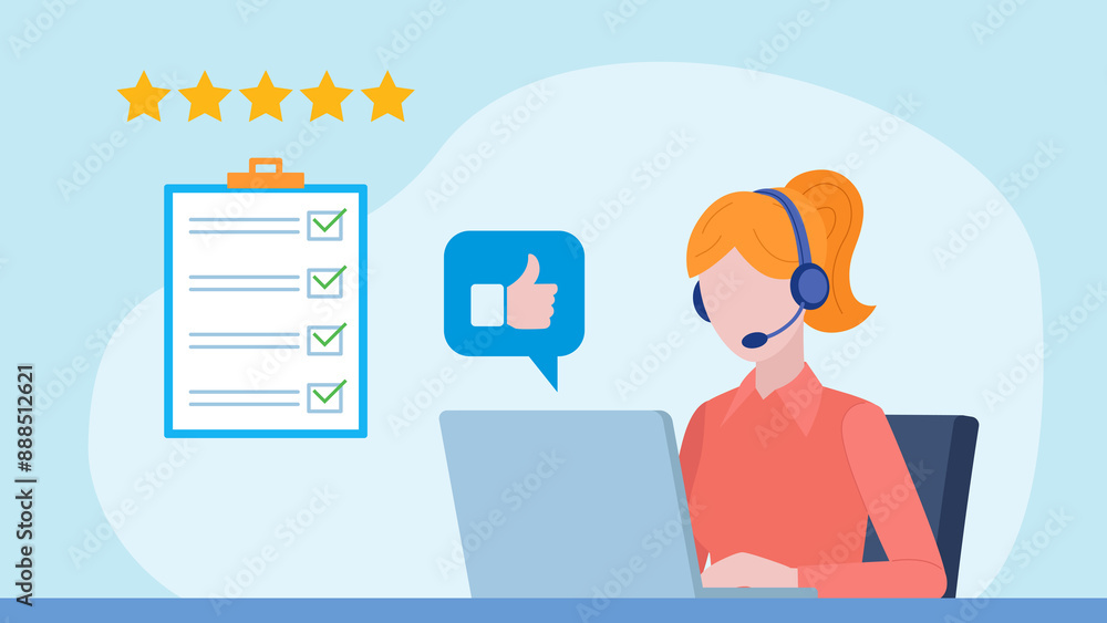 Poster flat design illustration. an female employee is working on a laptop with a thumbs up in cloud. a web