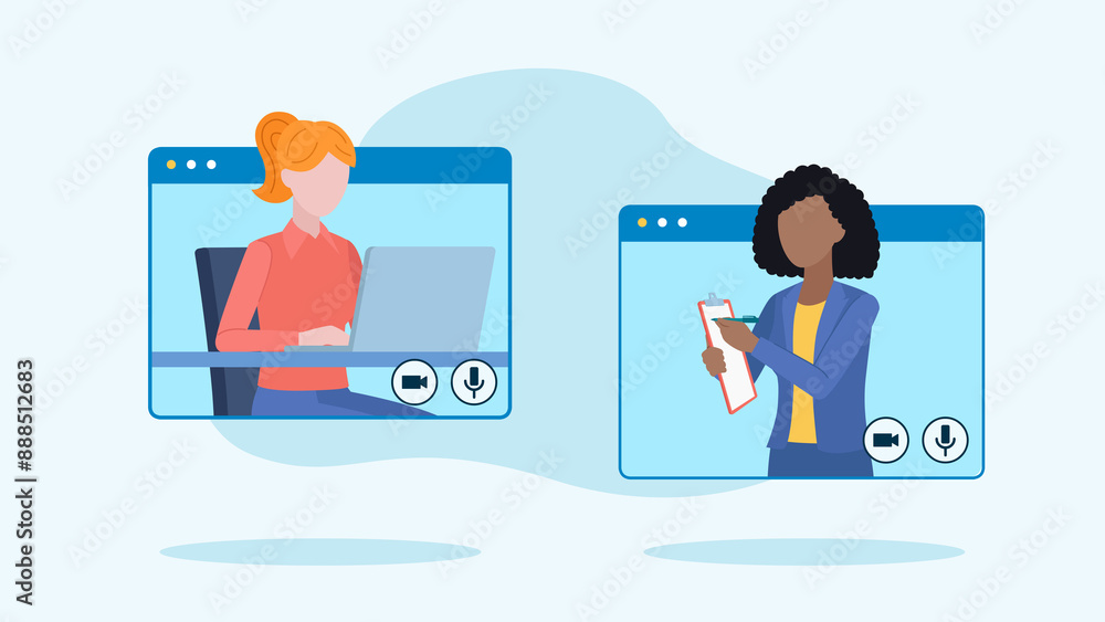 Poster video conversation between two employees. one employee sits at a desk and works on a laptop, the oth