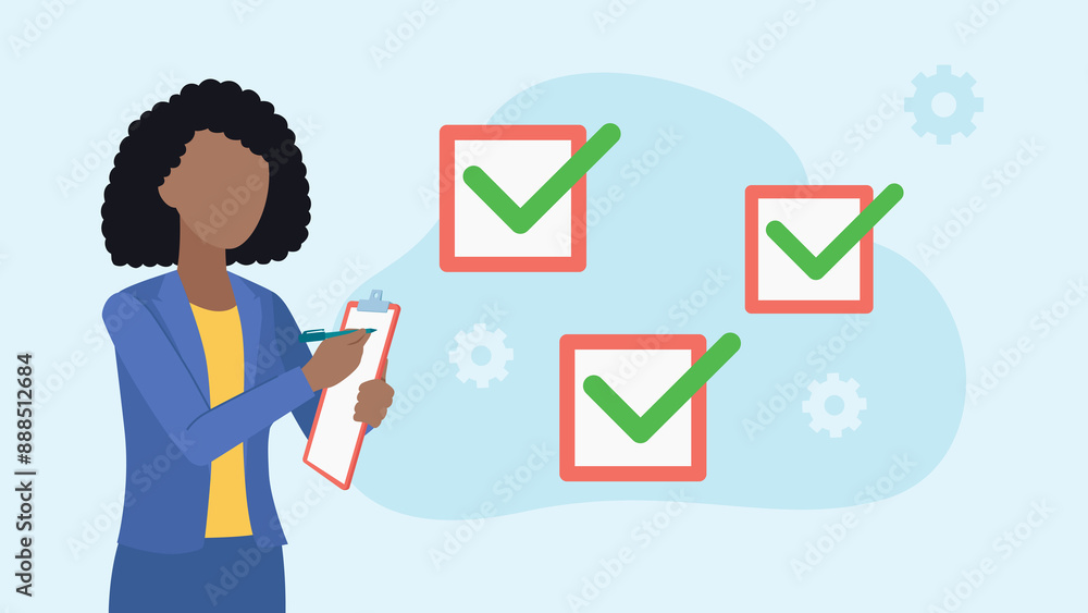 Poster flat design illustration. woman at work taking notes in a notebook. next to it there are filled chec