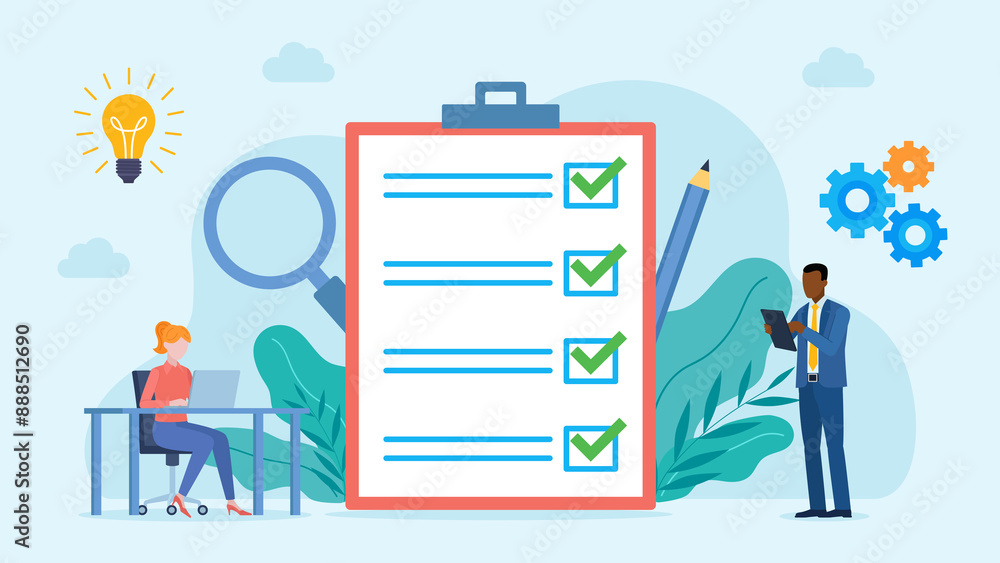 Poster flat design illustration. notebook with checklist. all fields marked green. next to the checklist st