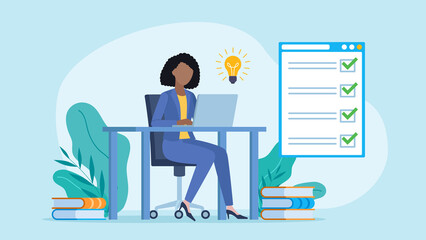 An female  employee writes on a laptop with a light bulb on it. A website appears in the background with a completed checklist. The checklist is completed correctly. Flat design illustration.