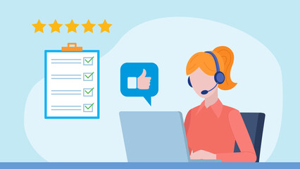 Flat design illustration. An female employee is working on a laptop with a thumbs up in cloud. A website in the background with a completed checklist. The checklist is completed correctly. 5 stars fee