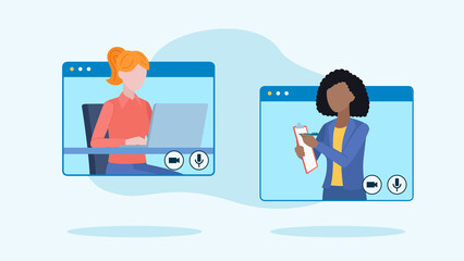 Video conversation between two employees. One employee sits at a desk and works on a laptop, the other writes something in a notebook. Both are located in the messenger application windows.